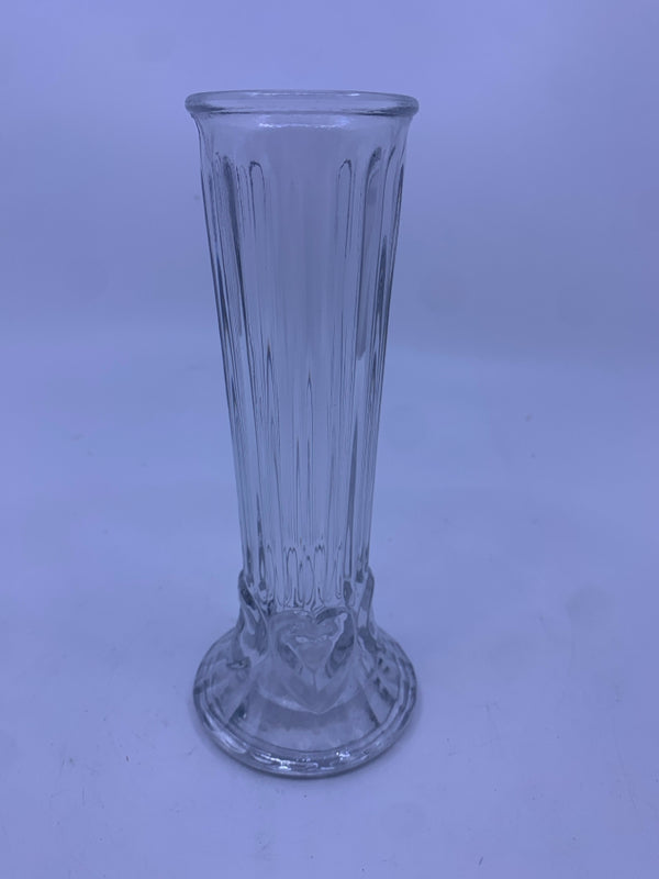 GLASS RIBBED VASE W/ EMBOSSED HEARTS ON BOTTOM.