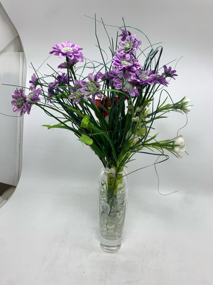 FAUX PURPLE FLOWER W/CARDINAL IN CUT GLASS VASE.