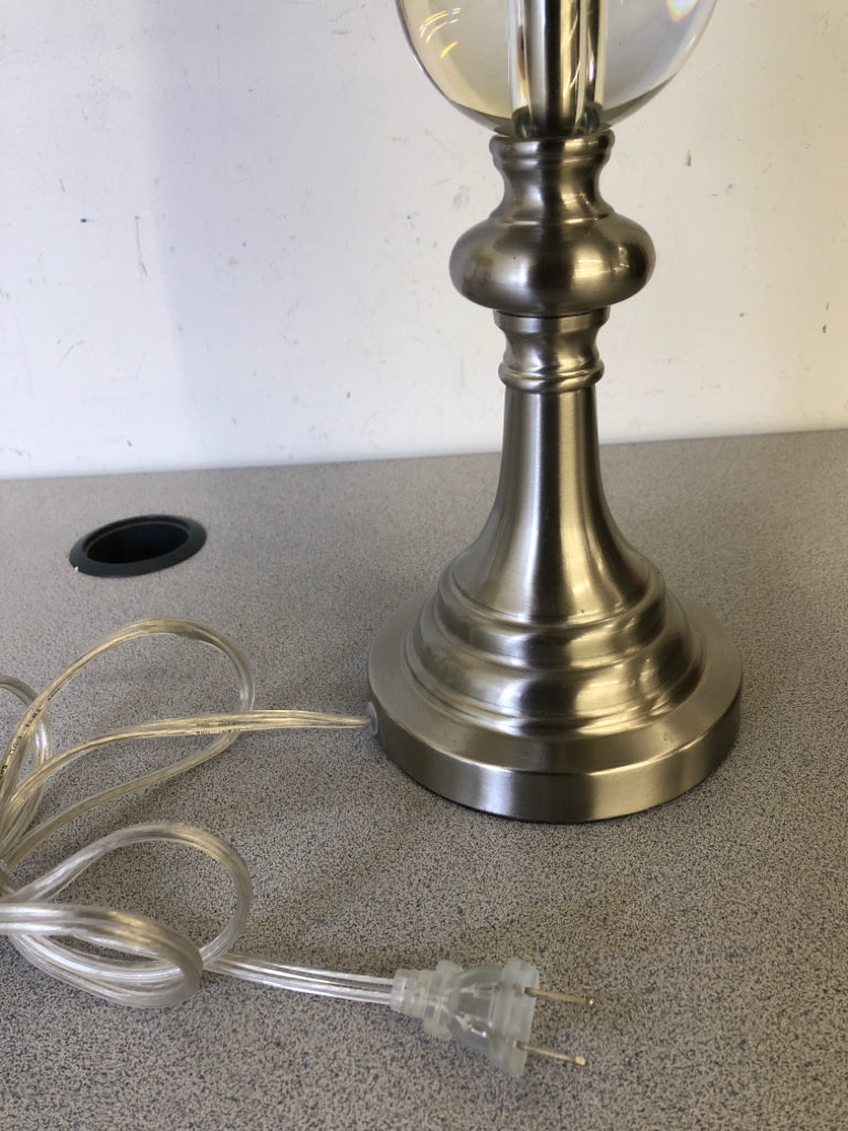 SILVER/GLASS BALL TABLE LAMP W/ BEIGE SHADE.