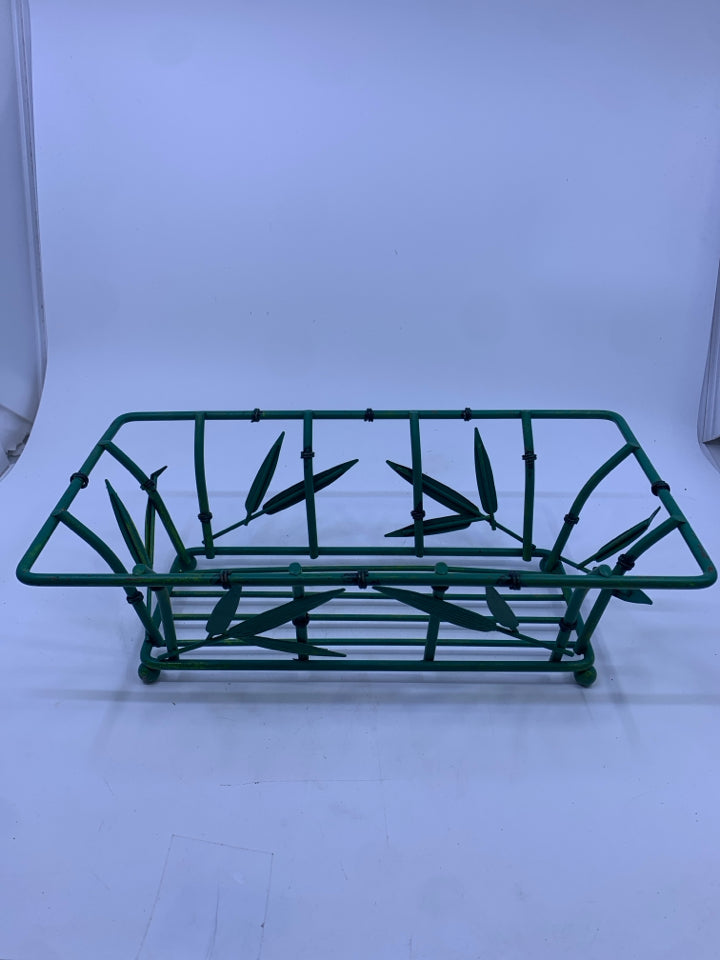 GREEN METAL RECTANGLE BAMBOO LOOK FOOTED PLANTER HOLDER.