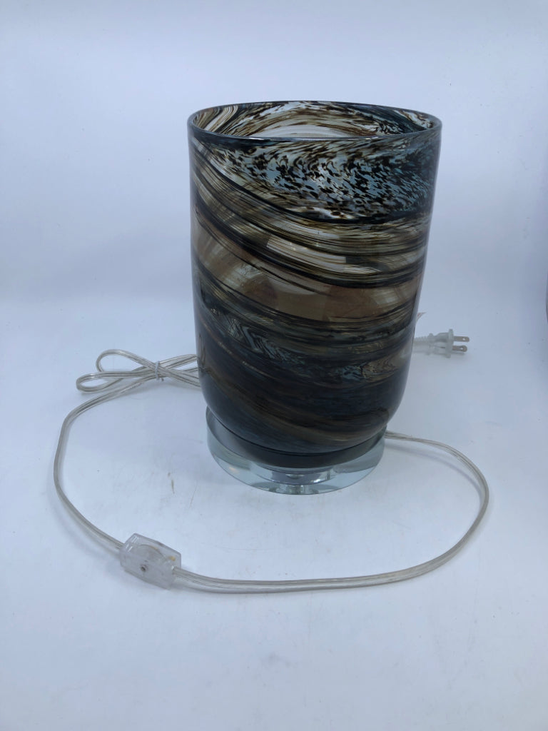 BROWN AND BLUE BLOWN GLASS LAMP.
