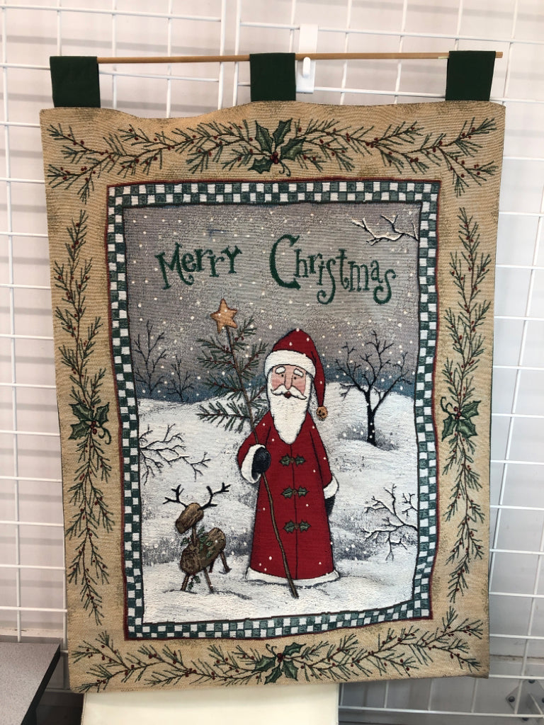 MERRY CHRISTMAS FABRIC WALL HANGING ON WOOD DOWEL.