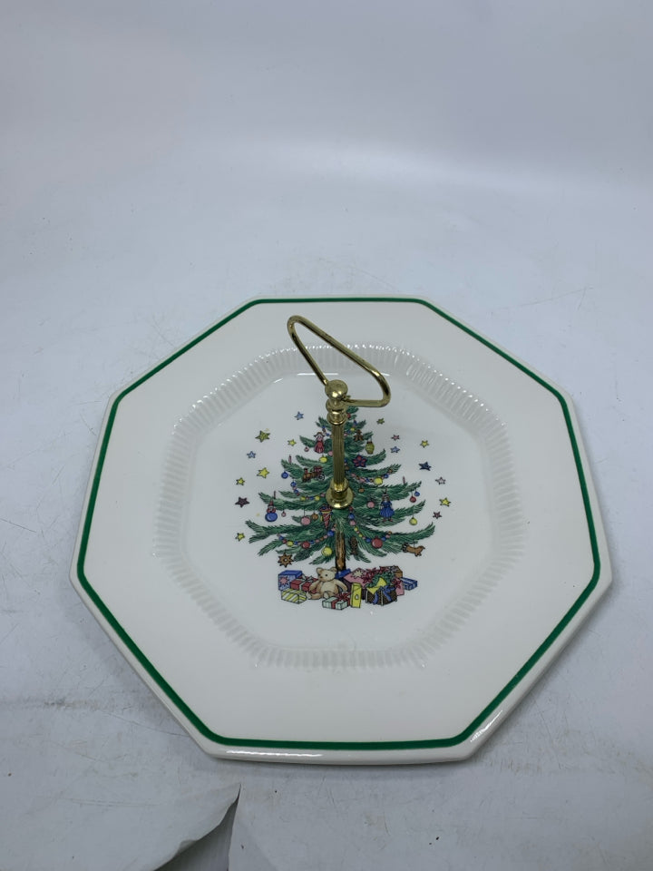 WHITE OCTAGON SERVING TRAY W/ CHRISTMAS TREE & TOYS NIKKO W/ POST HANDLE.