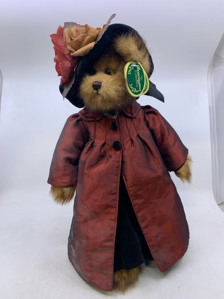 BEAR IN MAROON JACKET, BLACK HAT.