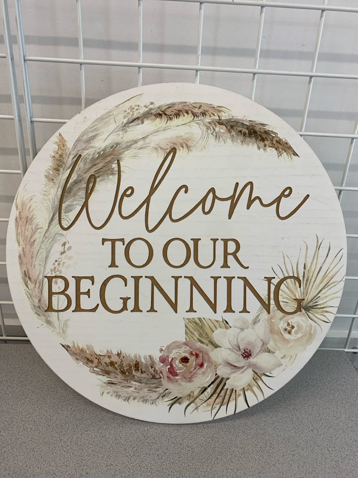 WELCOME TO OUR BEGINNING ROUND WOOD SIGN.