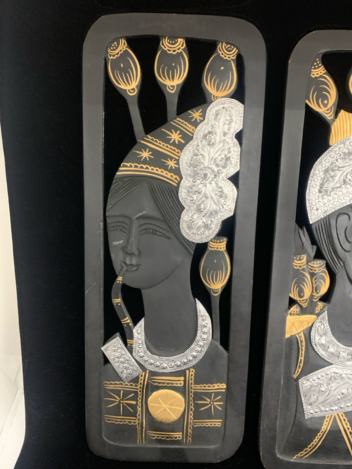 2 PC BLACK AND SILVER W GOLD ACCENTS WOMAN WALL HANGING.