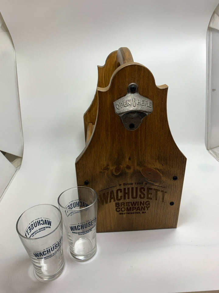 WACHUSETT BREWING COMPANY BOTTLE CADDY W/2 GLASSES.