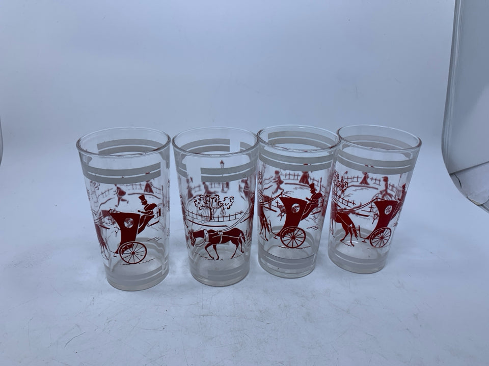 VTG 4 JUICE GLASS W/ PRINTED RED PARK SCENE WHITE DETAILS.