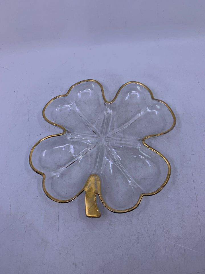 CLEAR GLASS DIVIDED CLOVER DISH W/ GOLD EDGE.