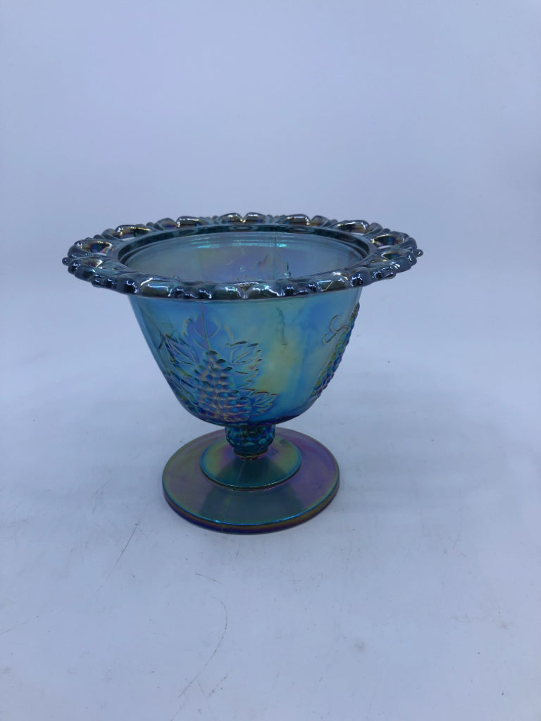 VTG BLUE IRIDESCENT FOOTED CANDY DISH W EMBOSSED GRAPES.