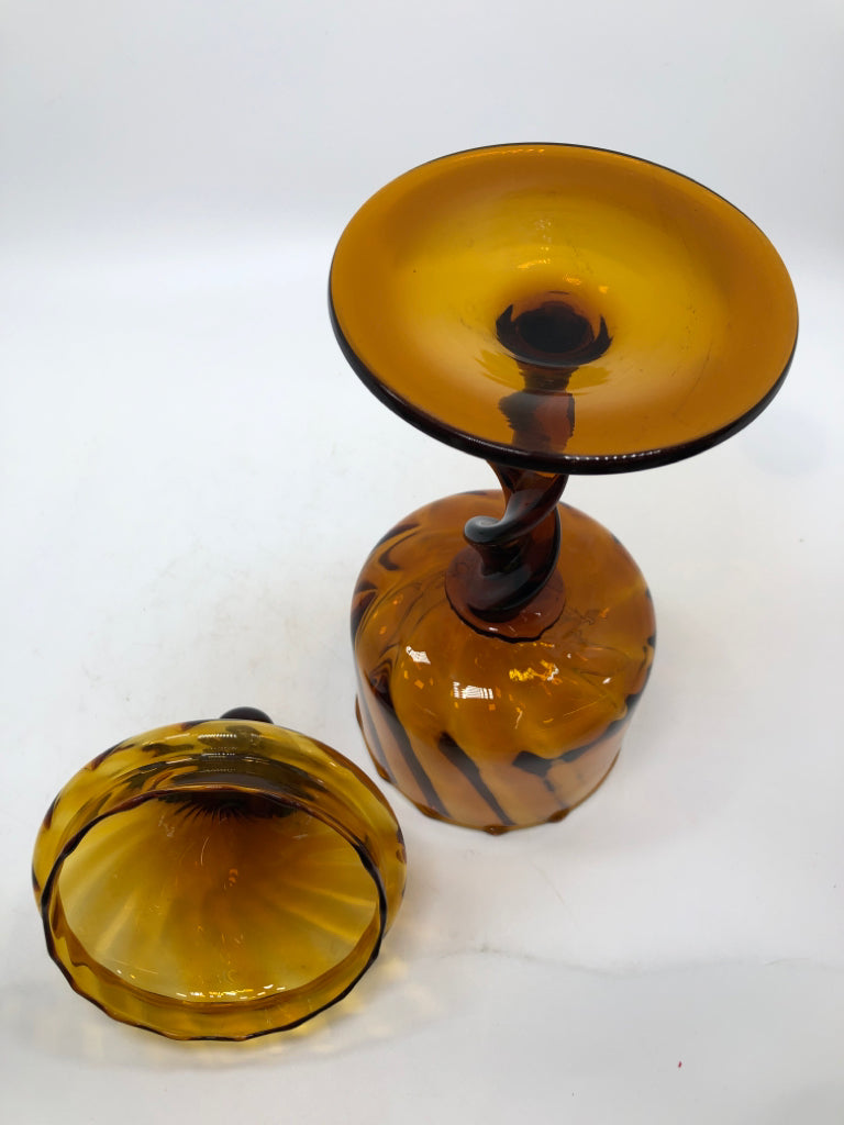 VTG AMBER GLASS RAISED SWIRL CANDY JAR.