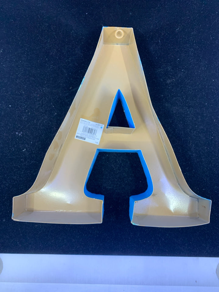 DISTRESSED BLUE METAL "A" WALL HANGING.