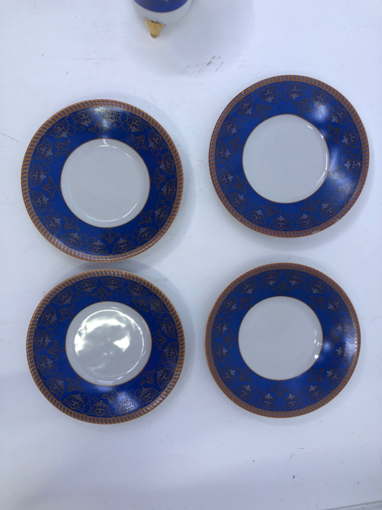 8 PC VTG FOOTED DEMITASSE CUPS+SAUCERS BLUE W/ GOLD DETAILS.