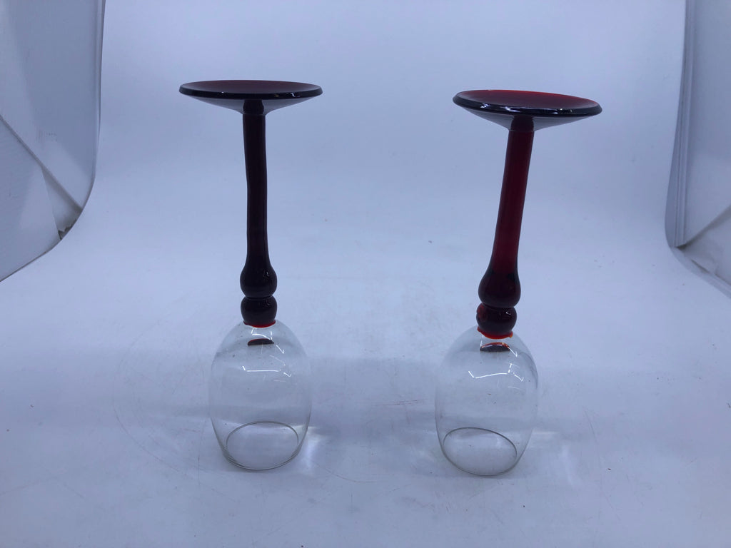 2 VTG RED STEMED SMALL CORDIAL GLASSES.