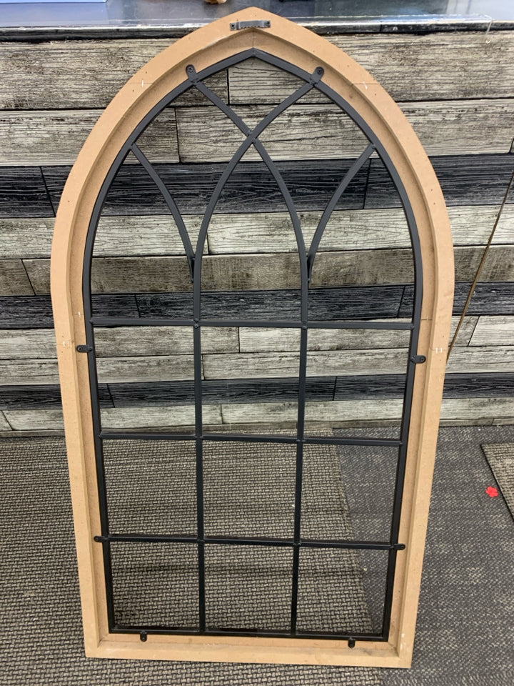ARCHED WOOD WINDOW FRAME WALL HANGING.