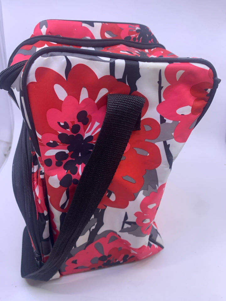 RED FLORAL DIVIDED COOLER BAG.