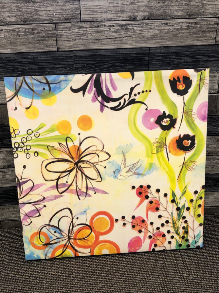COLORFUL SQUARE CANVAS W/ FLOWERS + BIRD.