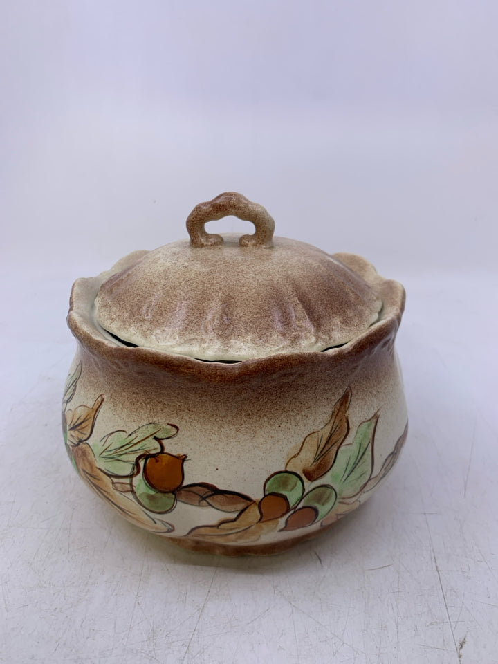 VTG CREAM BROWN SPECKLED PAINTED LEAVES/VINES.