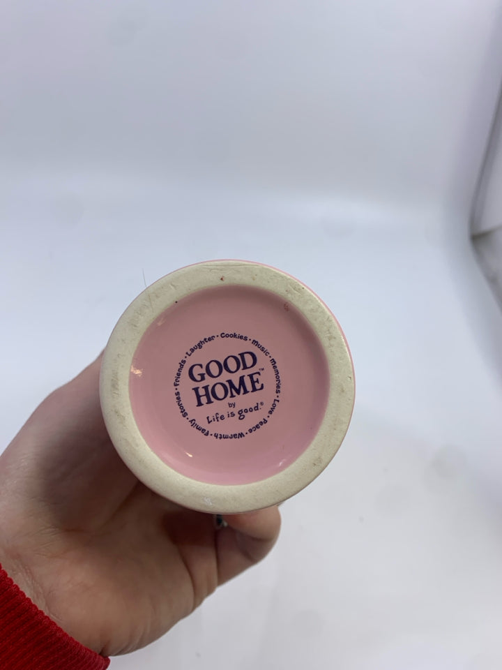 PINK LIFE IS GOOD CERAMIC CYLINDER VASE.