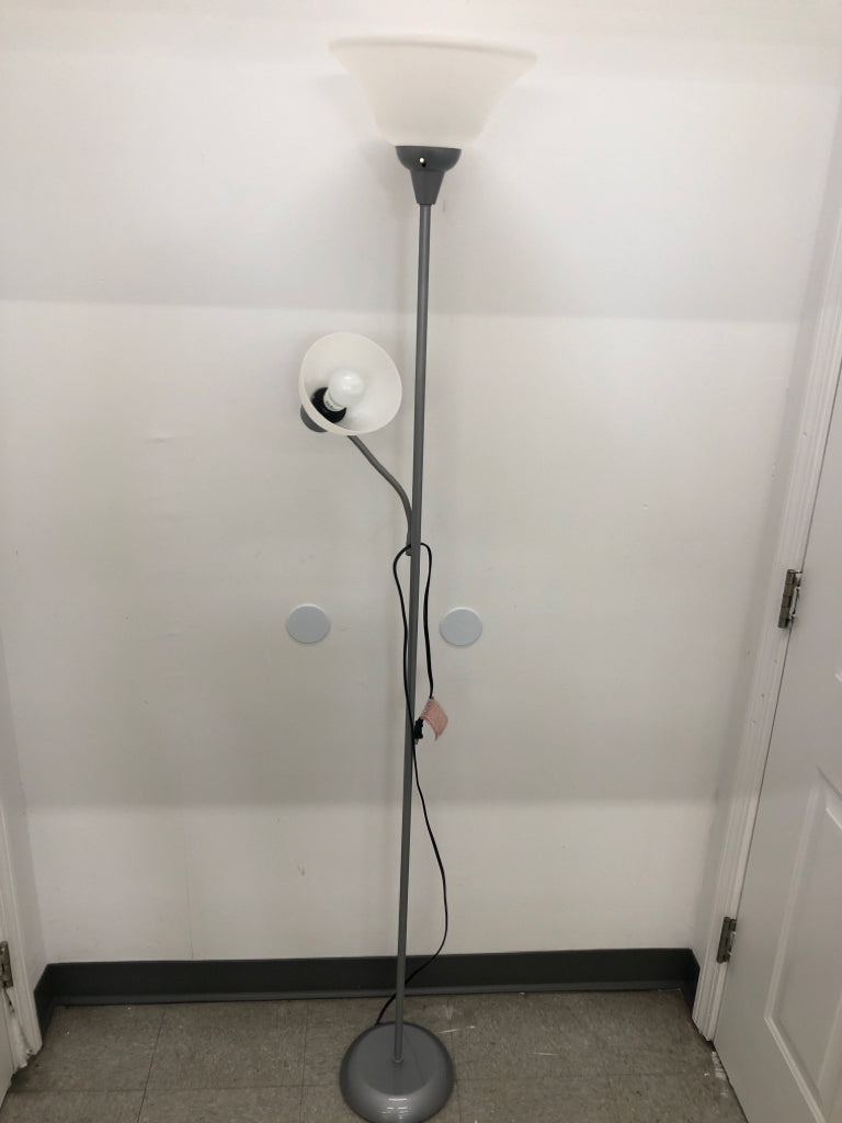 2 WHITE FROSTED FLOOR LAMP SILVER-ADJUSTABLE READING LIGHT.