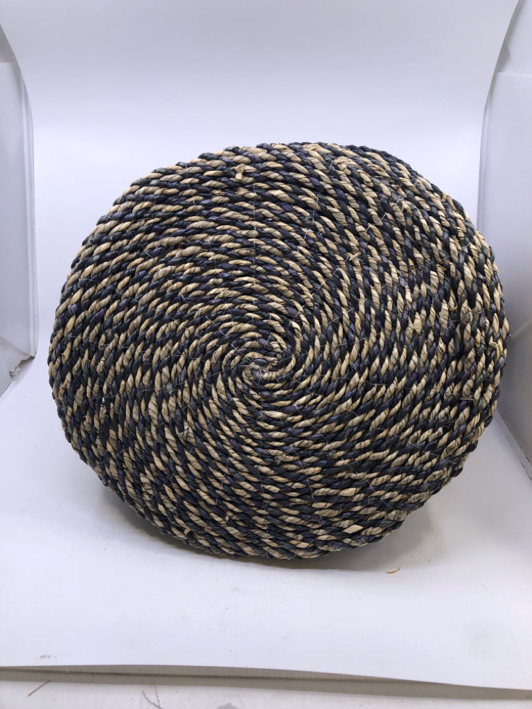 ROUND WOVEN NAVY/CREAM STRIPE BASKET W/HANDLES.