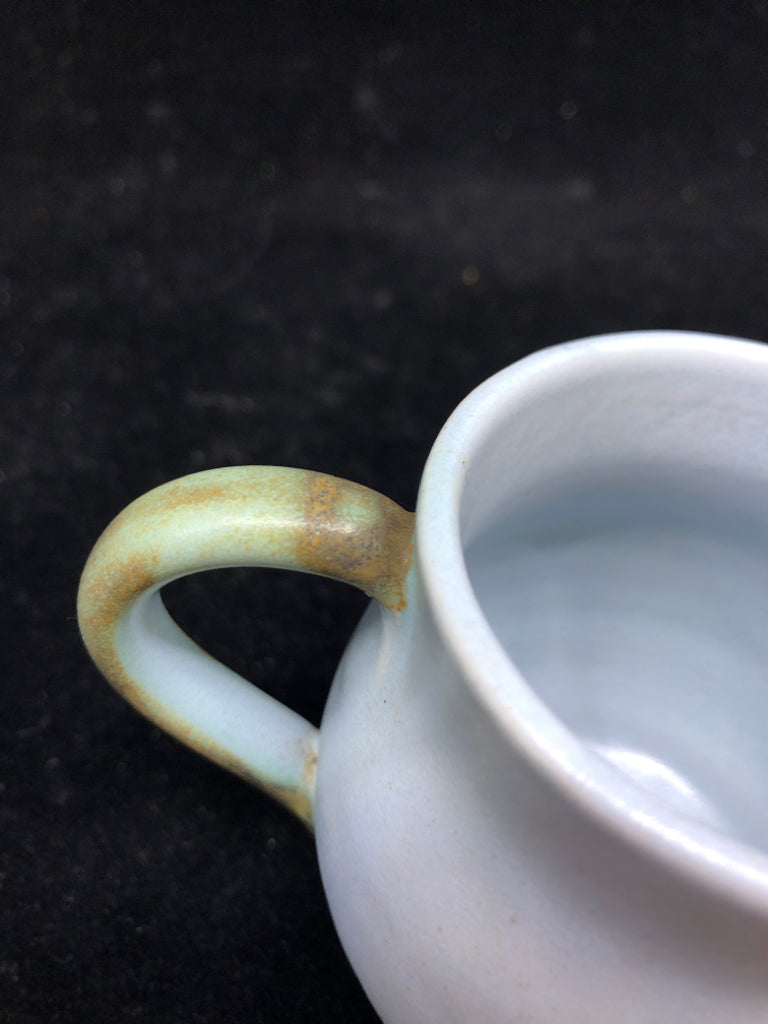 BLUE/GREEN POTTERY PAINTED CREAMER AND SUGAR.