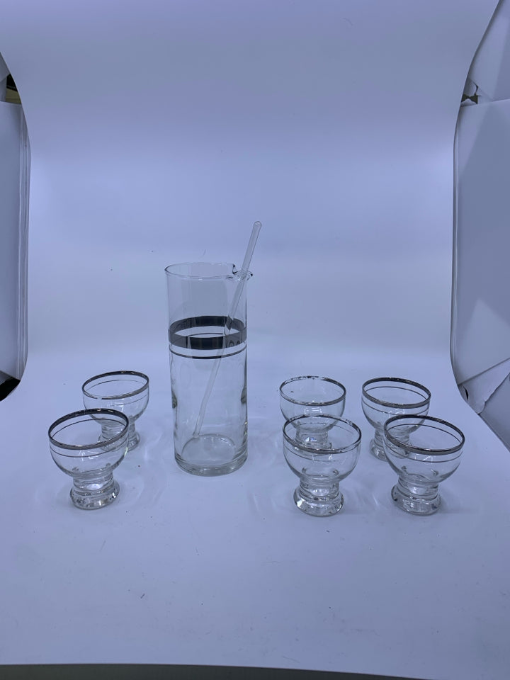8 PC SVC 6 DECANTER DRINK SET W/ STIRRER CLEAR GLASS/SLIVER DETAILS.