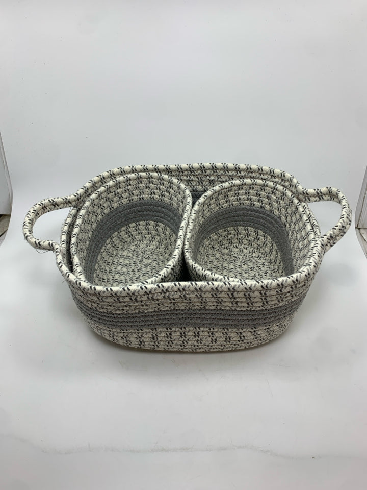 3PC GRAY WOVEN BASKET SET.