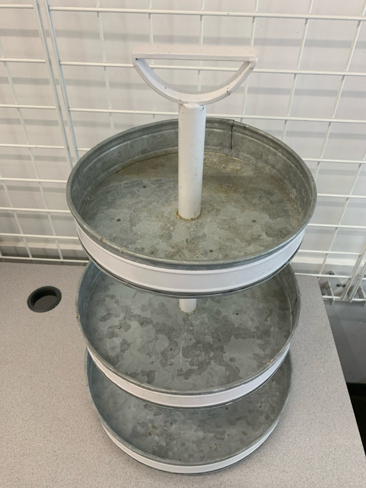 3 TIER GALVANIZED METAL SERVING TRAY.