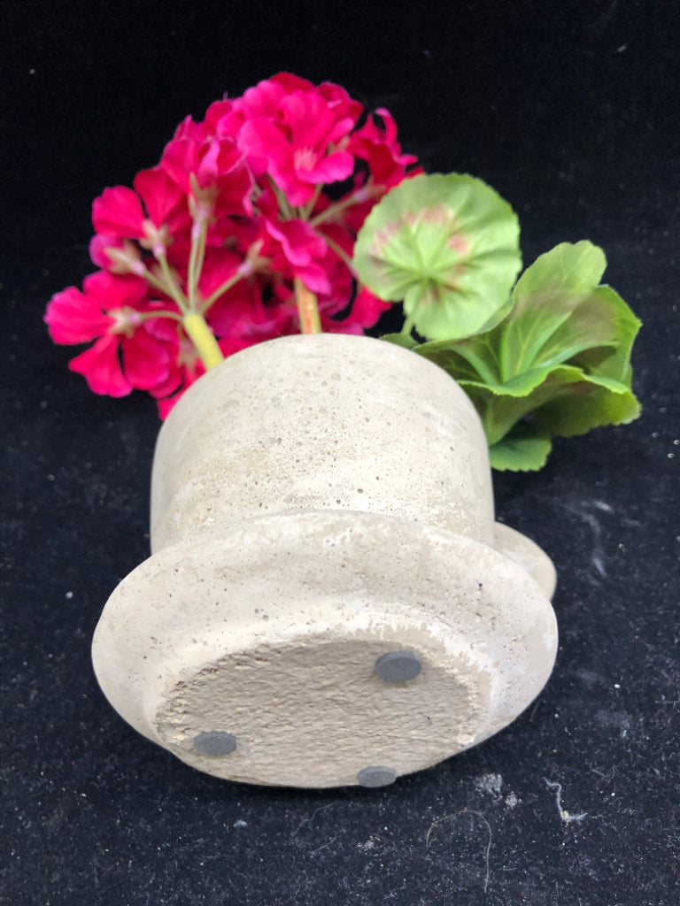 CEMENT TEACUP PLANTER W FAUX PINK FLORAL.