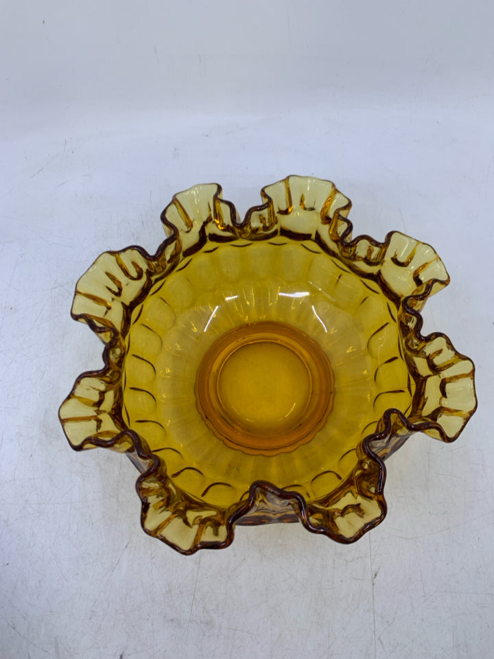AMBER THUMBPRINT GLASS CANDY DISH W/ RUFFLED EDGE.