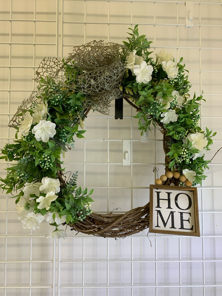 TWIG WREATH W/FAUX WHITE FLORAL GREENERY & WOOD BEAD HOME SIGN.