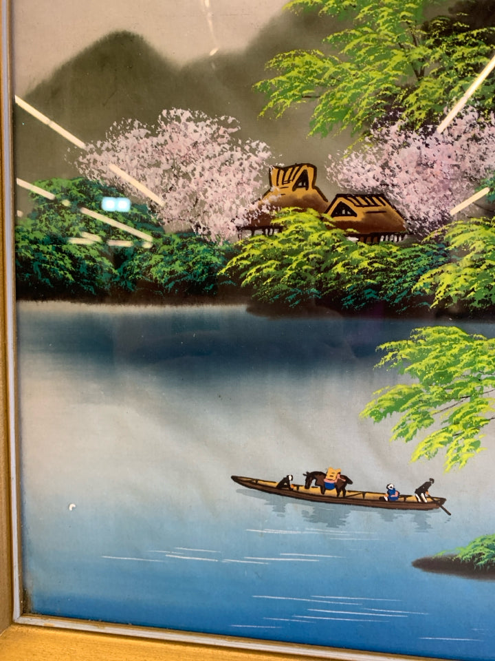 VTG PEOPLE ON BOAT W CHERRY BLOSSOMS IN GOLD FRAME WALL ART.