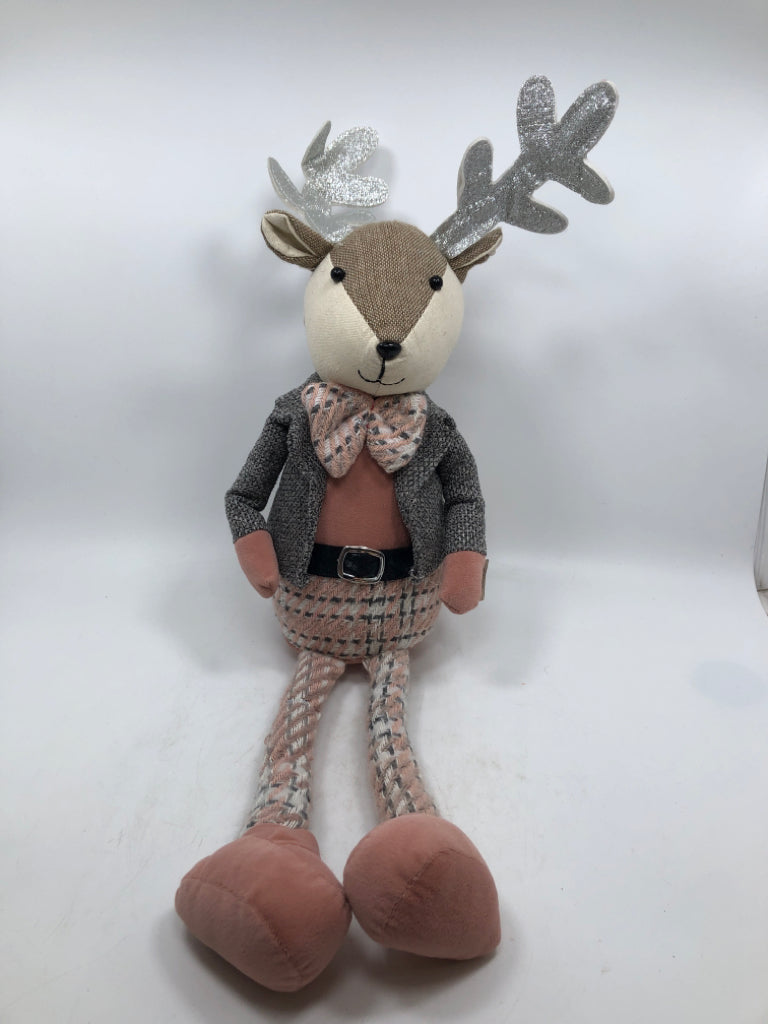 WEIGHTED PINK GREY REINDEER W/ BOW TIE SHELF SIT.