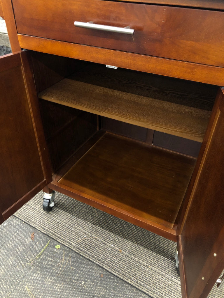 WOOD CART W/STAINLESS STEEL TOP, DRAWER AND CABINET ON WHEELS.