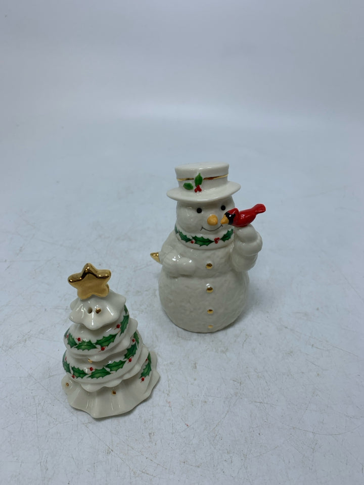 LENOX SNOWMAN W/ CARDINAL ON HAND & CHRISTMAS TREE SALT/PEPPER SHAKERS.