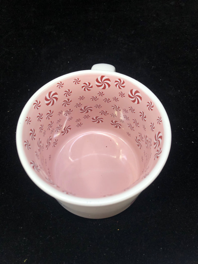 MERRY & BRIGHT MUG W/ CIRCLE PEPPERMINT CANDIES INSIDE.