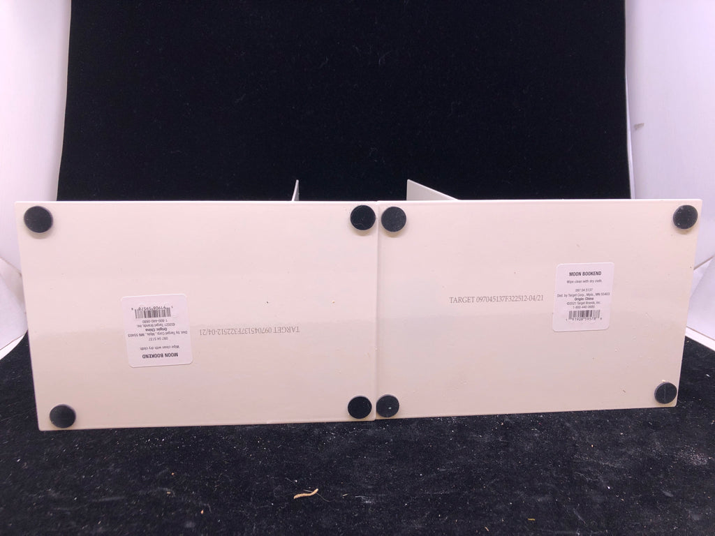 2 WHITE METAL HALF MOON BOOK ENDS.