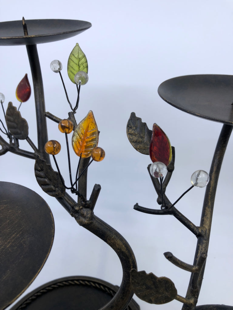 BRONZE METAL W/LEAVES PILLAR CANDLE HOLDER.