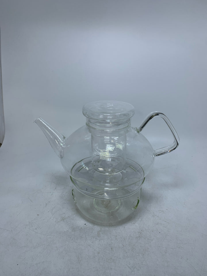 5 PC MUSEE' DE THE' GLASS TEAPOT & AURORA GLASS WARMER.