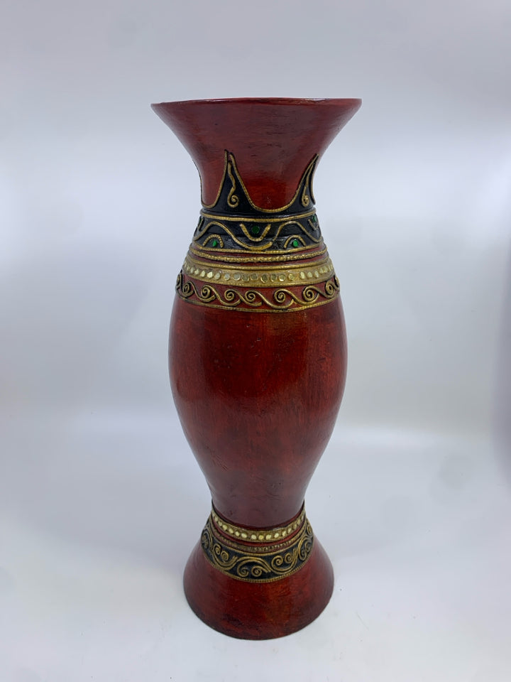 RED PLASTER VASE W/RAISED GOLD DETAILS.