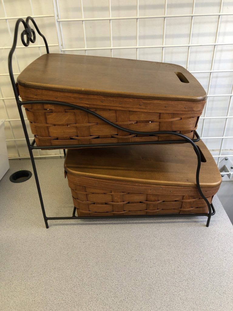 2 TIER METAL STAND W/ 2 DARK BASKETS W/ LIDS LONGABERGER.