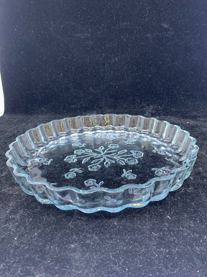 GLASS PIE DISH W/ EMBOSSED FLOWERS.