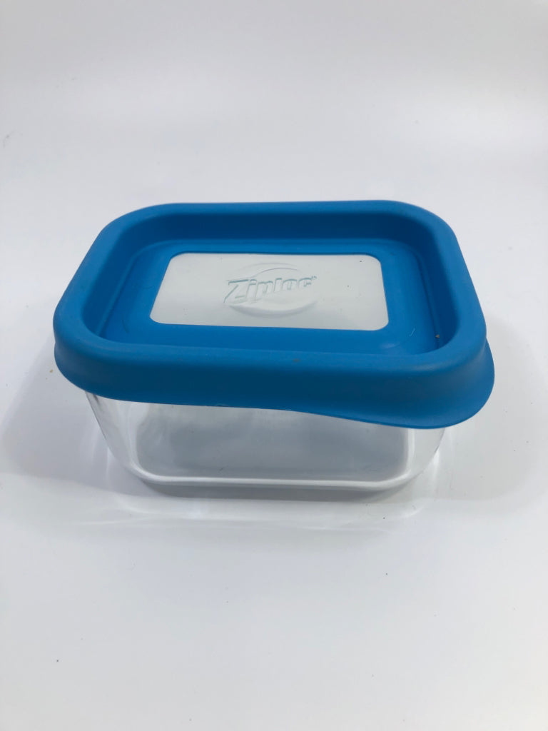 GLASS ZIPLOC CONTAINER W/BLUE LID.