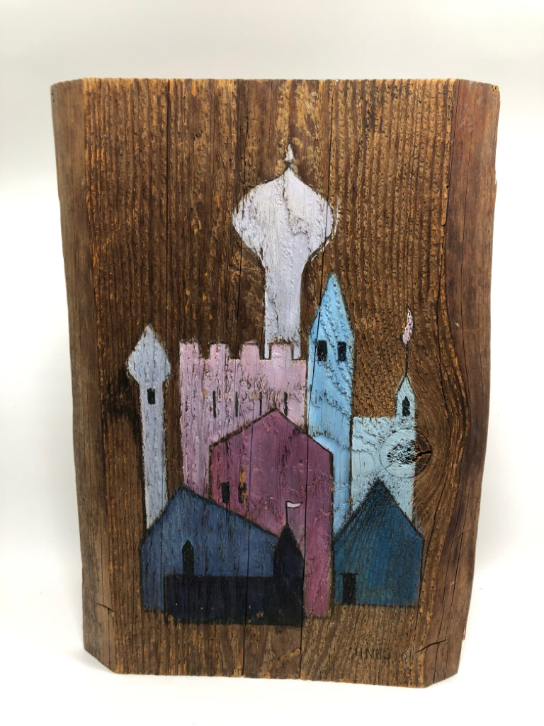 CASTLE PAINTED ON RECLAIMED WOOD.