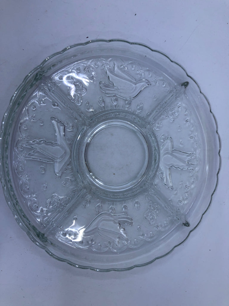 DIVIDED CLEAR DOVE PATTERN PLATTER.
