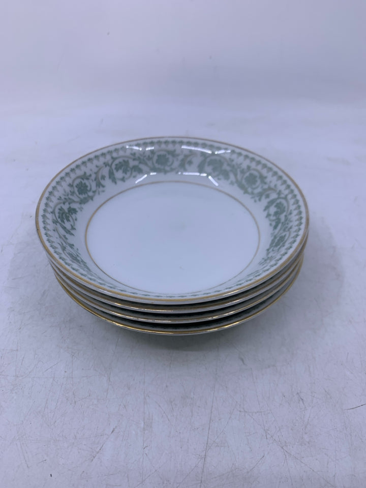 4 VTG DESSERT BOWLS GREEN SCROLL W/ GOLD EDGES.