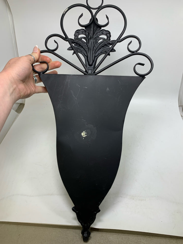DARK METAL LARGE SCROLL WALL POCKET/VASE.