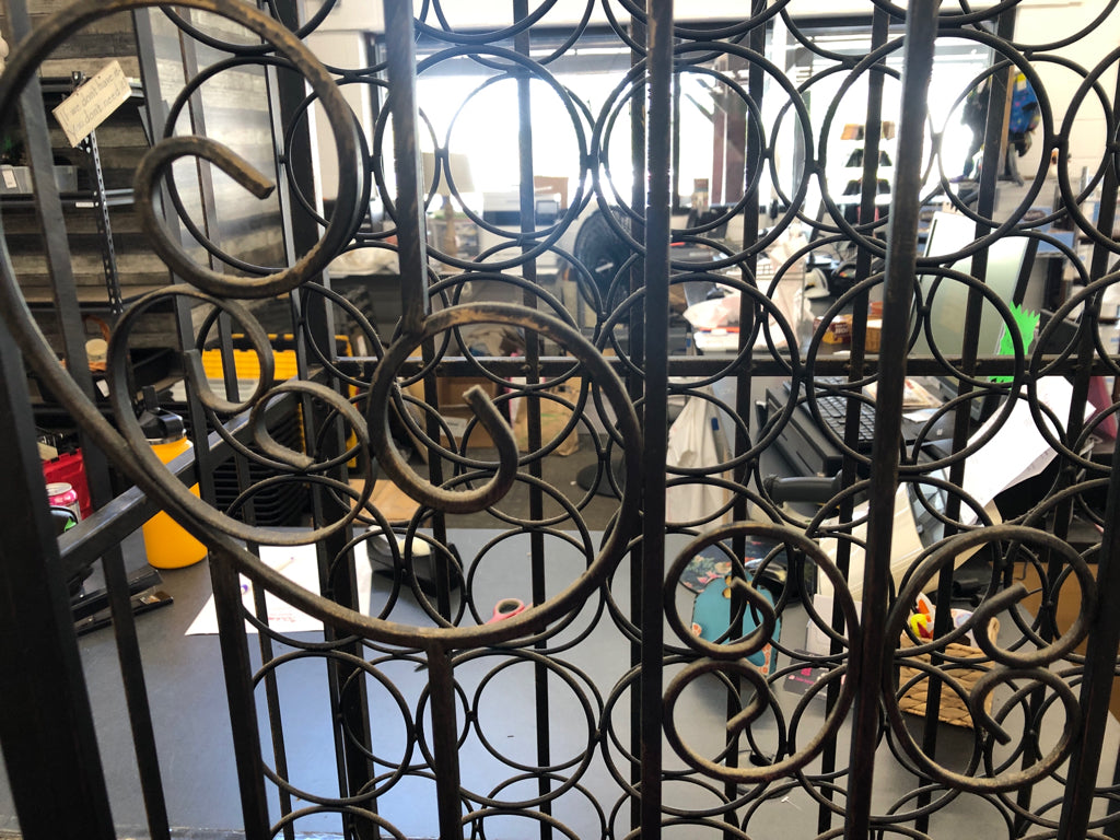 BLACK WROUGHT IRON WINE CAGE WITH LOCK AND 2 KEYS.