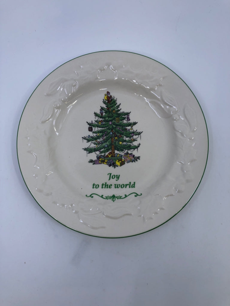 SPODE CHRISTMAS TREE "JOY TO THE WORLD" GREEN EDGE PLATE.